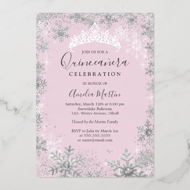 Invitation En Aluminium Flocon de neige rose Silver Quinceanera (Recto)