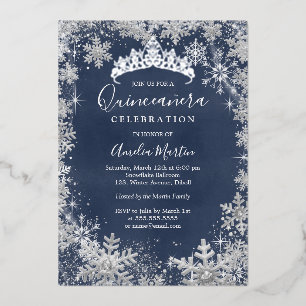 Invitation En Aluminium Flocon d'hiver Argent Navy Quinceanera