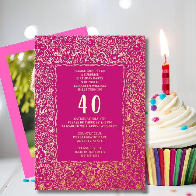 Invitation En Aluminium Floral 40e Surprise Anniversaire Modèle rose uniqu (Créateur téléchargé)