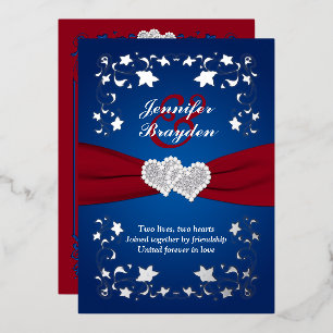 Invitation En Aluminium Floral argenté, Rouge, Bleu Mariage Coeurs unis