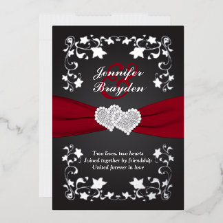 Invitation En Aluminium Floral argenté, Rouge, Noir Mariage Coeurs jointes