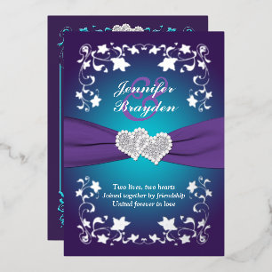 Invitation En Aluminium Floral argenté, violet, Turquoise Coeur joint Mari