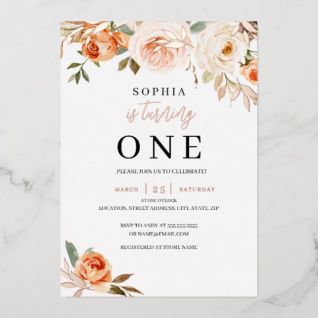 Invitation En Aluminium Floral Automne Fille 1er anniversaire (Recto)