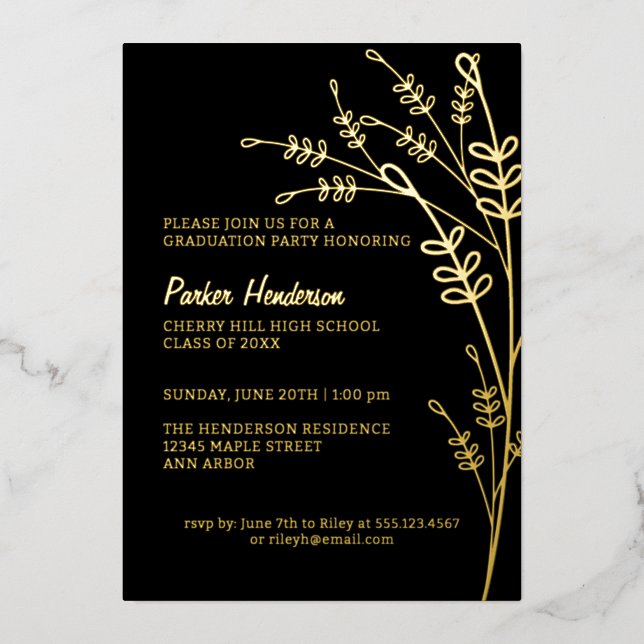 Invitation En Aluminium Floral Black and Gold Modern Graduation Party (Recto)