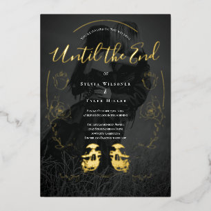 Invitation En Aluminium Floral Black Gold Skull Photo Mariage gothique