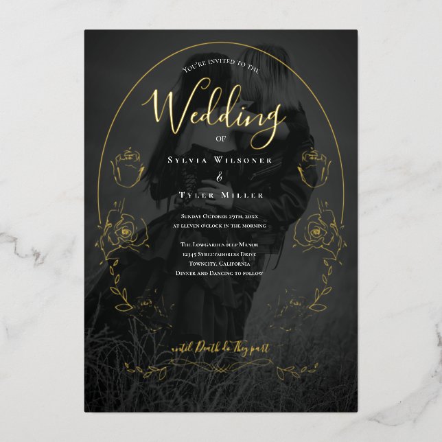 Invitation En Aluminium Floral Black Photo Mariage gothique (Recto)