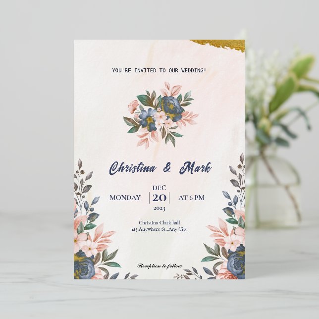 Invitation En Aluminium Floral bleu Mariage simple (Debout devant)