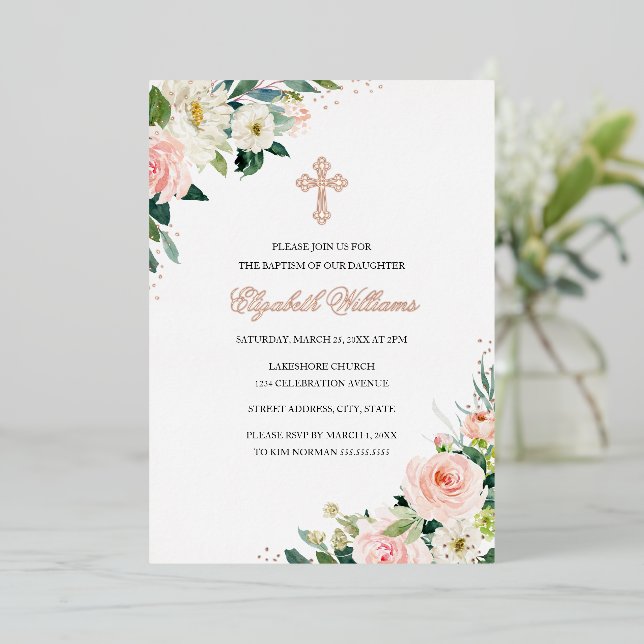 Invitation En Aluminium Floral Blush Rose or Aquarelle Baptême (Debout devant)