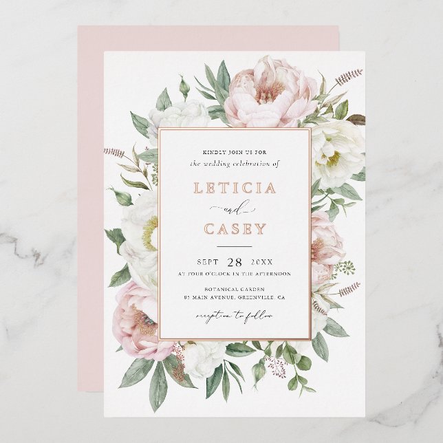 Invitation En Aluminium Floral Blush White Peony Elégant Rose Mariage Foil (Recto/Verso)