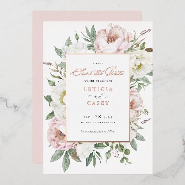 Invitation En Aluminium Floral Blush White Peony Rose Foil Enregistrer la  (Recto/Verso)