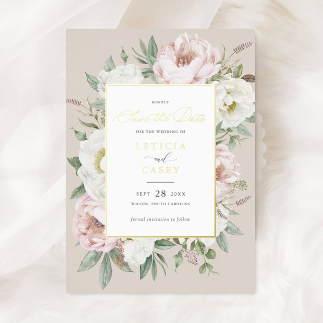 Invitation En Aluminium Floral Blush White Peony Rose Foil Enregistrer la  (Créateur téléchargé)