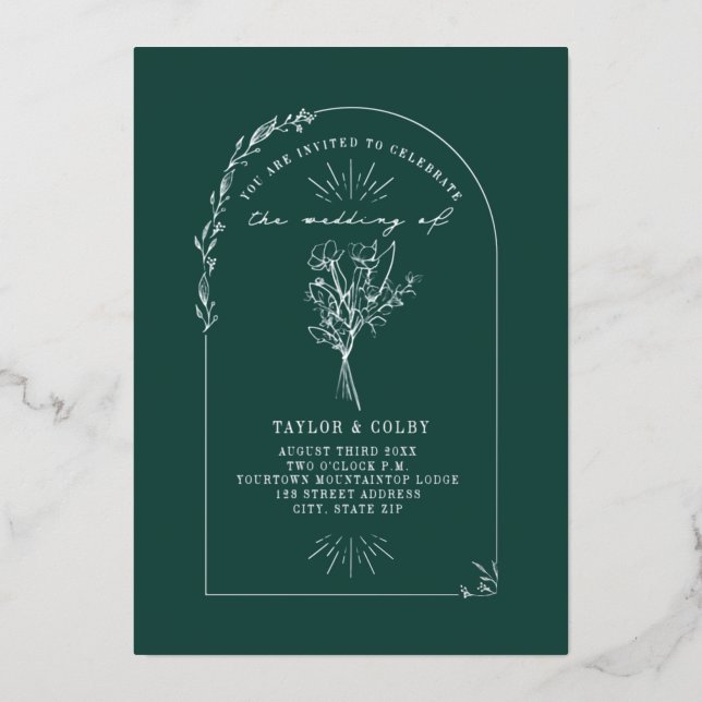 Invitation En Aluminium Floral Bouquet Arch Emerald Mariage (Recto)