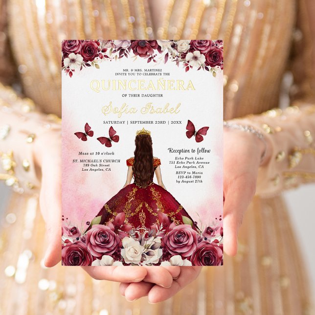 Invitation En Aluminium Floral Burgundy Butterfly Princess Quinceanera (Créateur téléchargé)