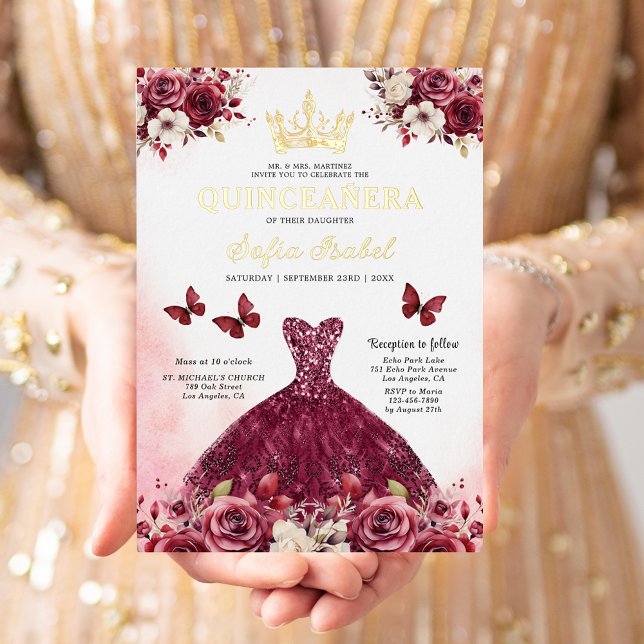 Invitation En Aluminium Floral Burgundy Butterfly Princess Quinceanera (Créateur téléchargé)