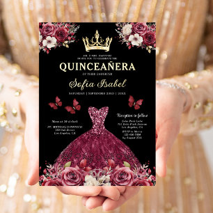 Invitation En Aluminium Floral Burgundy Butterfly Princess Quinceanera