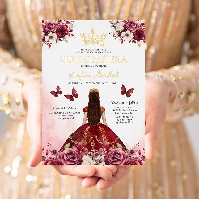 Invitation En Aluminium Floral Burgundy Butterfly Princess Quinceanera (Créateur téléchargé)