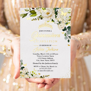 Invitation En Aluminium Floral Champagne Or Aquarelle Dorée Quinceanera