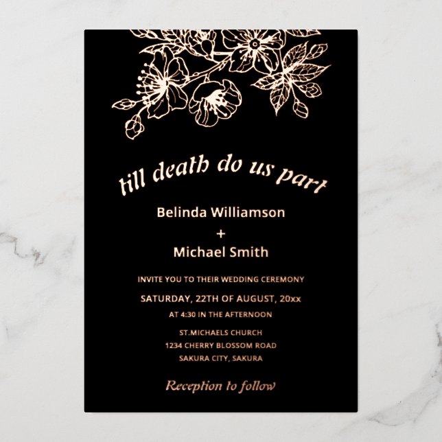 Invitation En Aluminium Floral de cuivre noir | Mariage Goth (Recto)