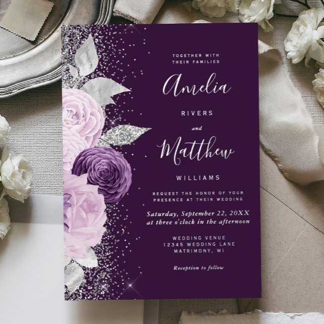Invitation En Aluminium Floral Deep Purple Silver Glitter Wedding (Créateur téléchargé)