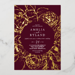 Invitation En Aluminium Floral doré Gold Foil Bourgogne Mariage Décontra