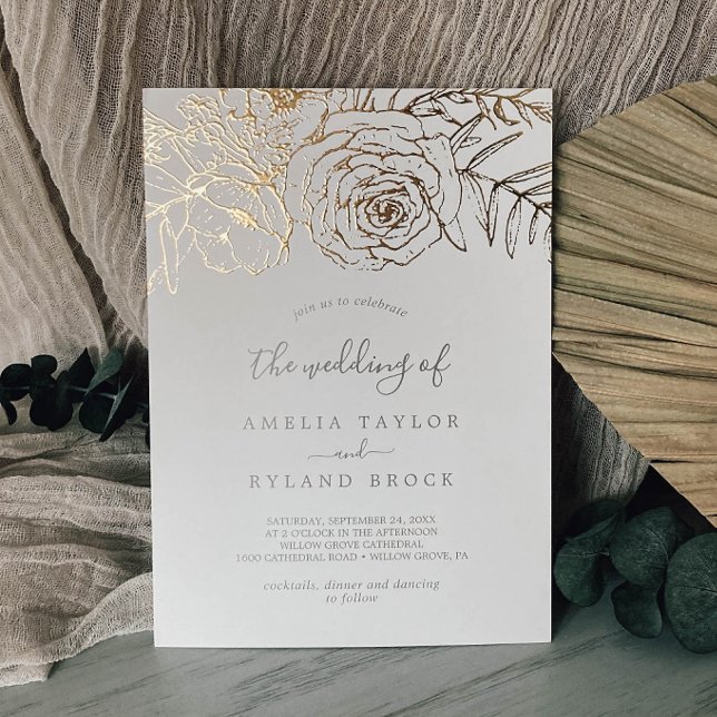 Invitation En Aluminium Floral doré | Gold Foil Cream Le Mariage de (Créateur téléchargé)
