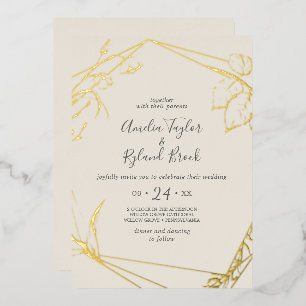 Invitation En Aluminium Floral doré Gold Foil Cream Mariage avant
