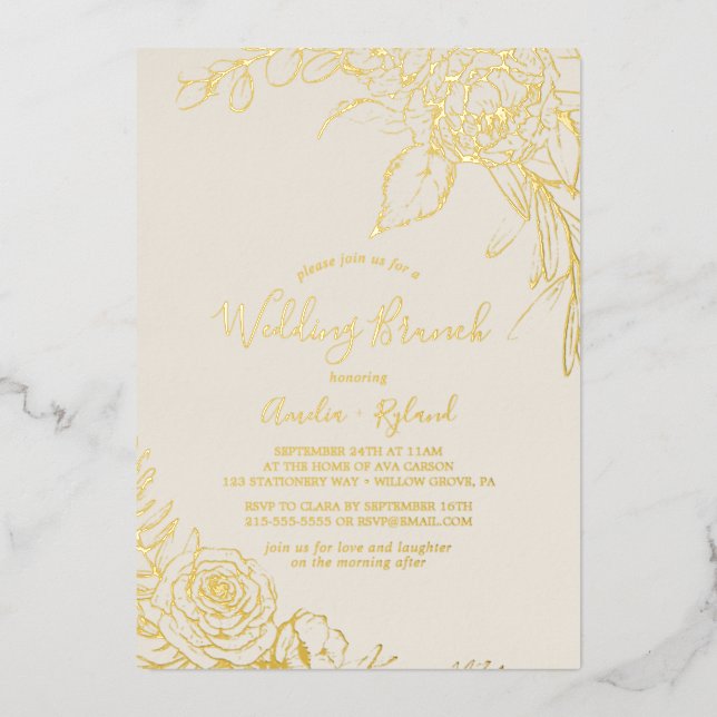 Invitation En Aluminium Floral doré | Gold Foil et crème Mariage Brunch (Recto)