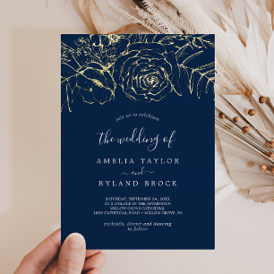 Invitation En Aluminium Floral doré Gold Foil Marine Bleu Le Mariage de