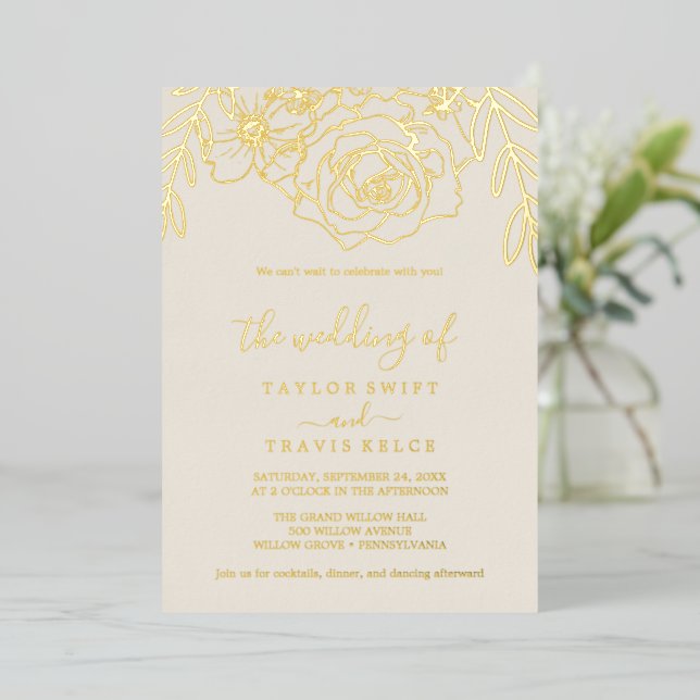 Invitation En Aluminium Floral doré | Mariage Gold Foil (Debout devant)