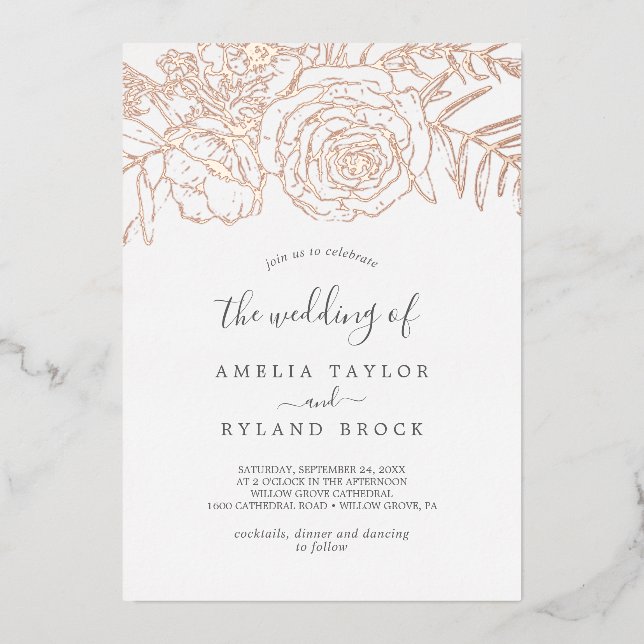 Invitation En Aluminium Floral doré | Rose Gold Foil Le Mariage de (Recto)