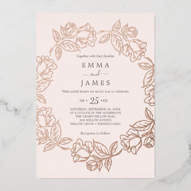Invitation En Aluminium Floral doré | Rose Mariage de flush Gold Foil (Recto)