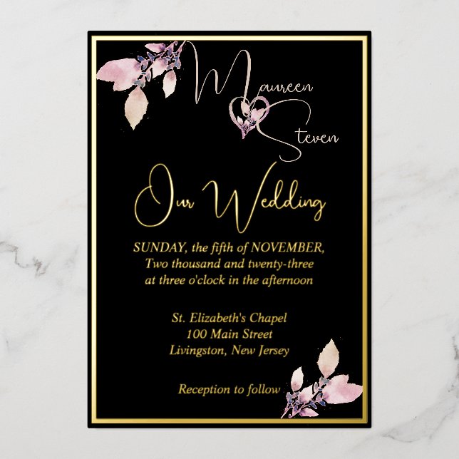Invitation En Aluminium Floral Elegant Mariage noir or (Recto)