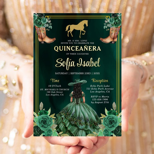 Invitation En Aluminium Floral Emerald Green Boots Horse Quinceanera (Créateur téléchargé)
