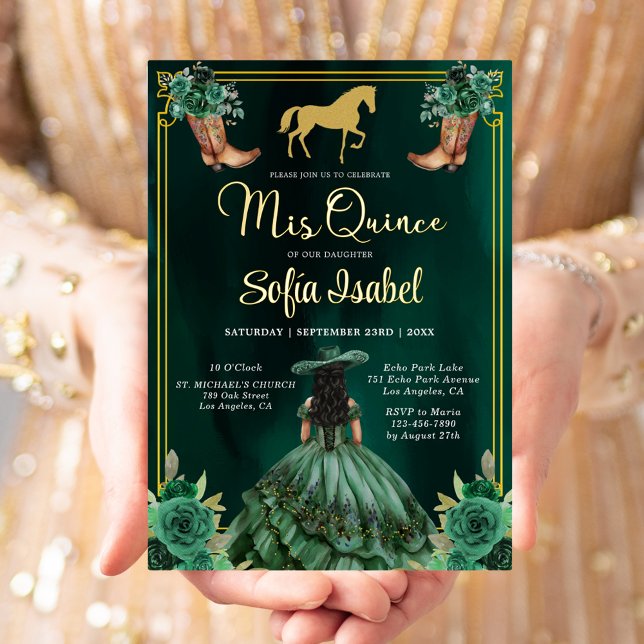 Invitation En Aluminium Floral Emerald Green Boots Horse Quinceanera (Créateur téléchargé)