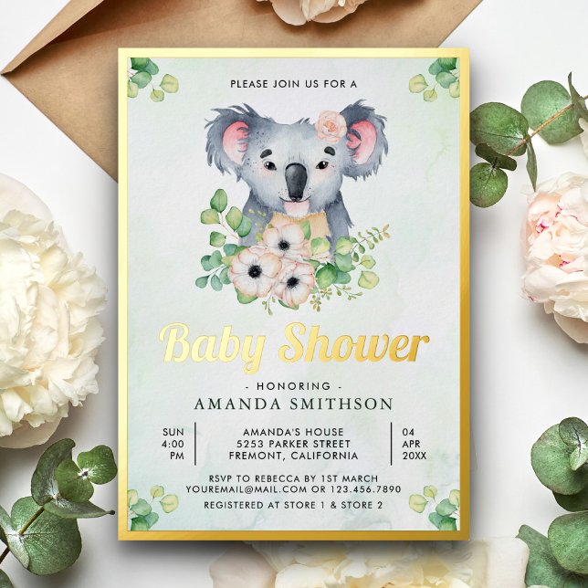 Invitation En Aluminium Floral Eucalyptus Koala Girl Baby shower or (Créateur téléchargé)
