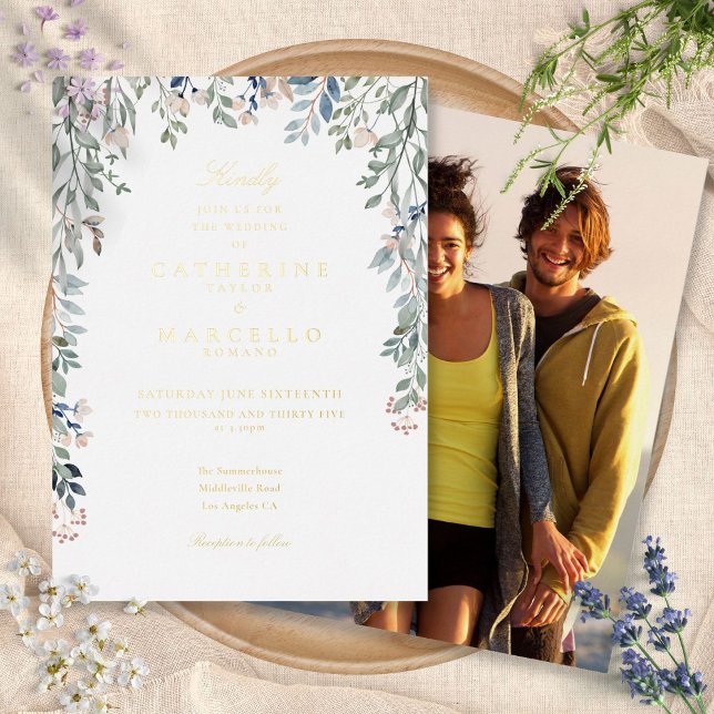 Invitation En Aluminium Floral Fleur sauvage Photo Mariage Chic Gold (Floral Wildflowers Photo Wedding Chic Gold Foil Invitation)