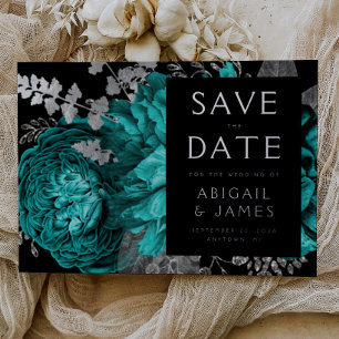 Invitation En Aluminium Floral foncé Turquoise Bleu Noir Mariage d'argent