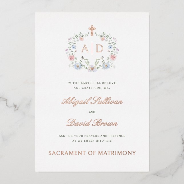 Invitation En Aluminium Floral Frame Monograms Catholic Wedding (Recto)