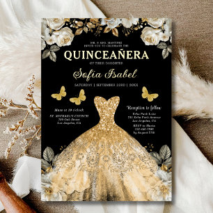 Invitation En Aluminium Floral Gold Black Butterfly Princess Quinceanera
