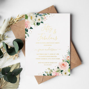 Invitation En Aluminium Floral Gold Blush Rose 50 & Fabuleux anniversaire