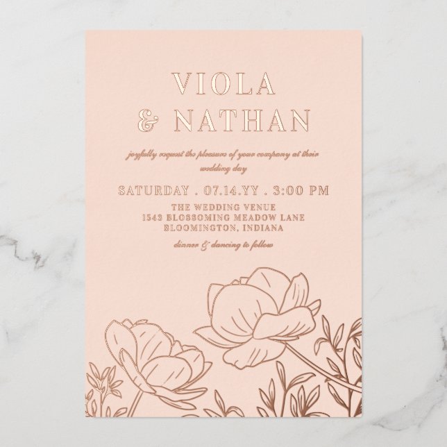 Invitation En Aluminium Floral Greenerline Art Blush & Rose Gold Mariage (Recto)