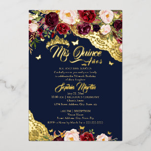 Invitation En Aluminium Floral Marine Bourgogne Or dentelle Quinceanera