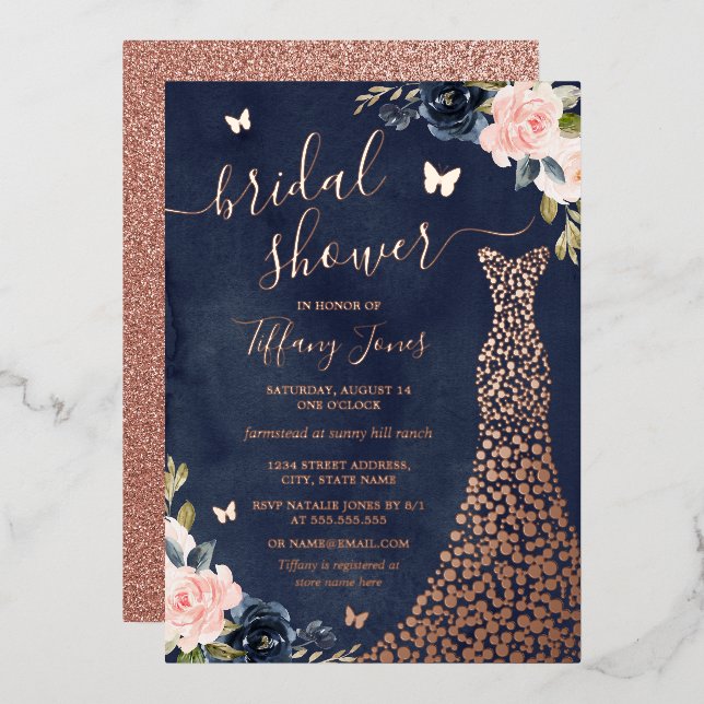 Invitation En Aluminium Floral Marine Rose Fête des mariées de robe d'or (Recto/Verso)