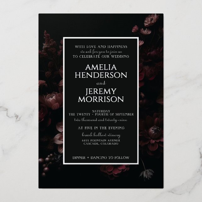 Invitation En Aluminium Floral Moody Bourgogne avec détails (Recto)