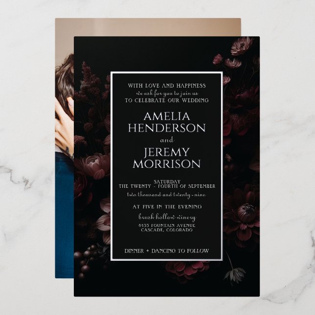 Invitation En Aluminium Floral Moody Bourgogne avec photo (Recto/Verso)