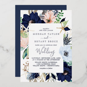 Invitation En Aluminium Floral nautique moderne Mariage Silver Foil