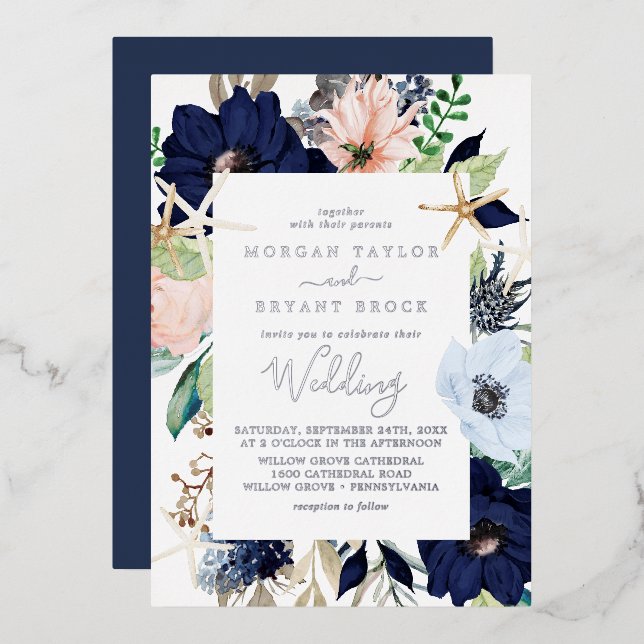 Invitation En Aluminium Floral nautique moderne | Mariage Silver Foil (Recto/Verso)