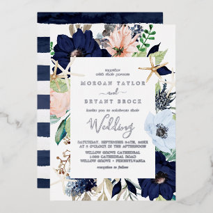 Invitation En Aluminium Floral nautique moderne Mariage Silver Foil