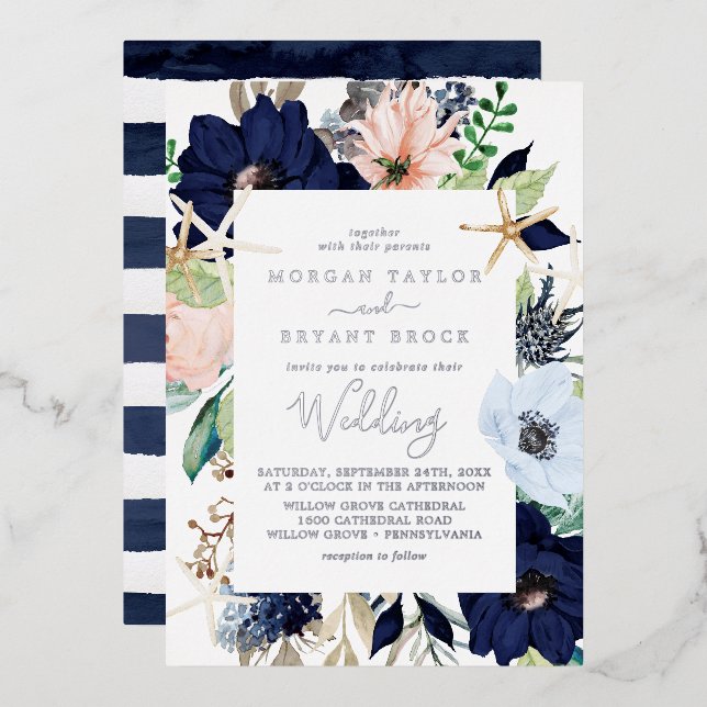 Invitation En Aluminium Floral nautique moderne | Mariage Silver Foil (Recto/Verso)