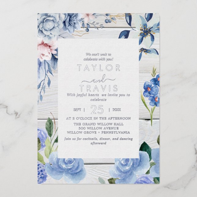 Invitation En Aluminium Floral nautique moderne | Mariage Silver Foil (Recto)